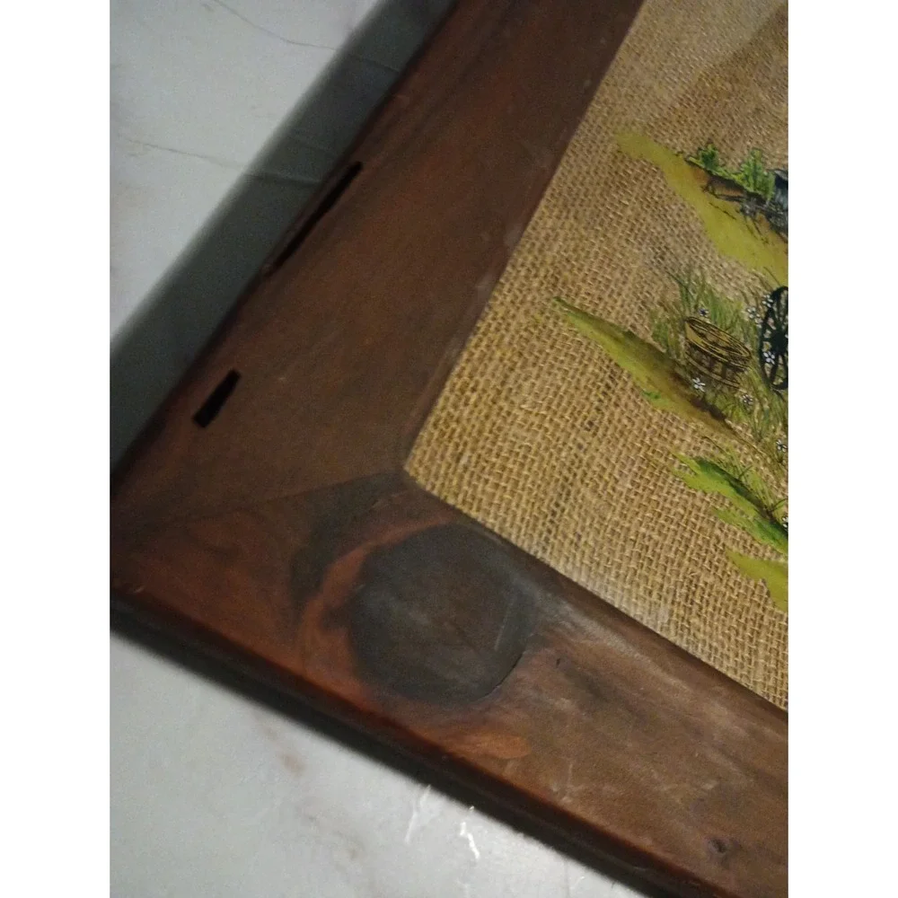 Vintage Rustic Hand Painted 1987 Folk Art with Old Wood Frame‎ Wall Hanging
